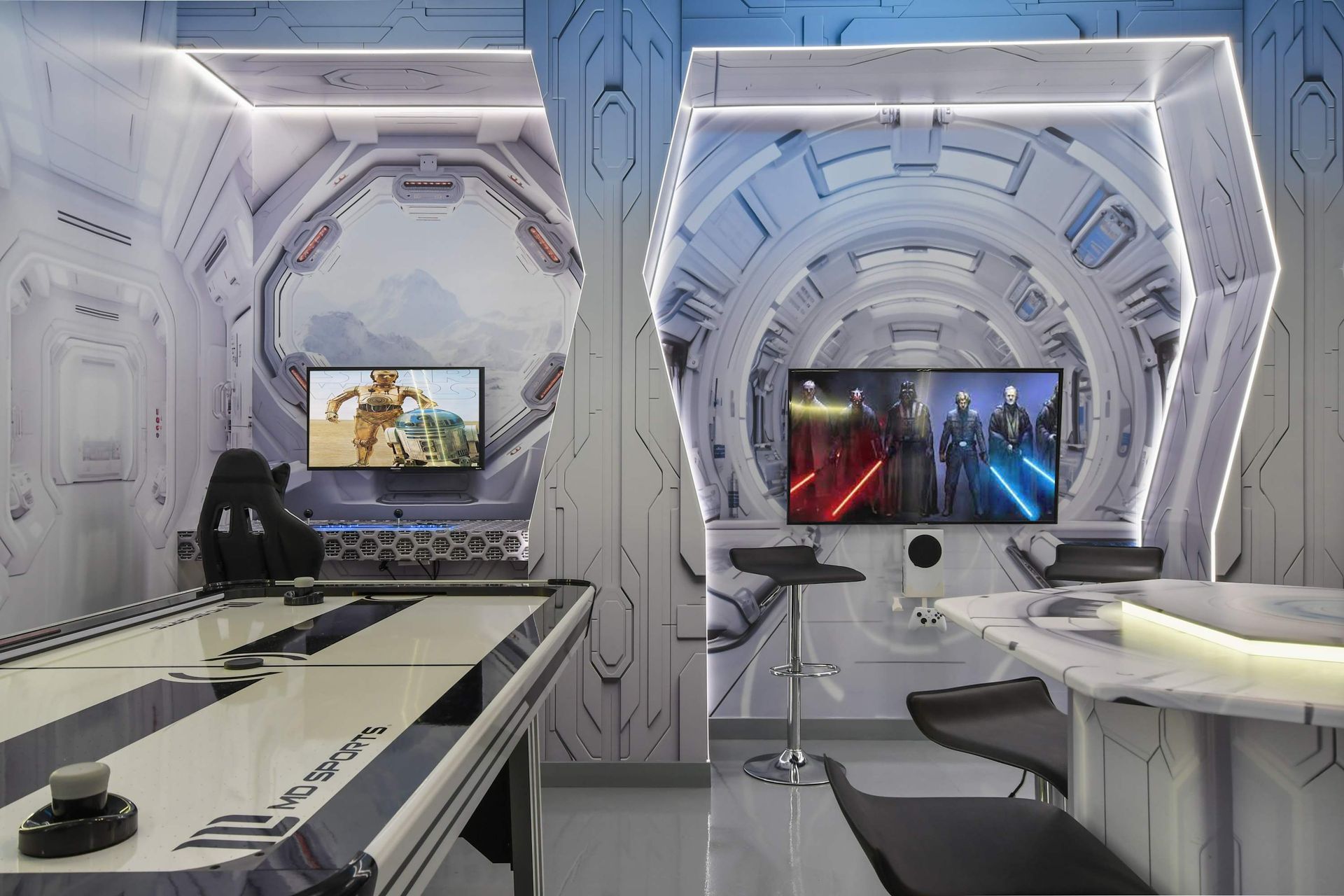 Ultimate sci-fi game room with space-age vibes & epic battles!