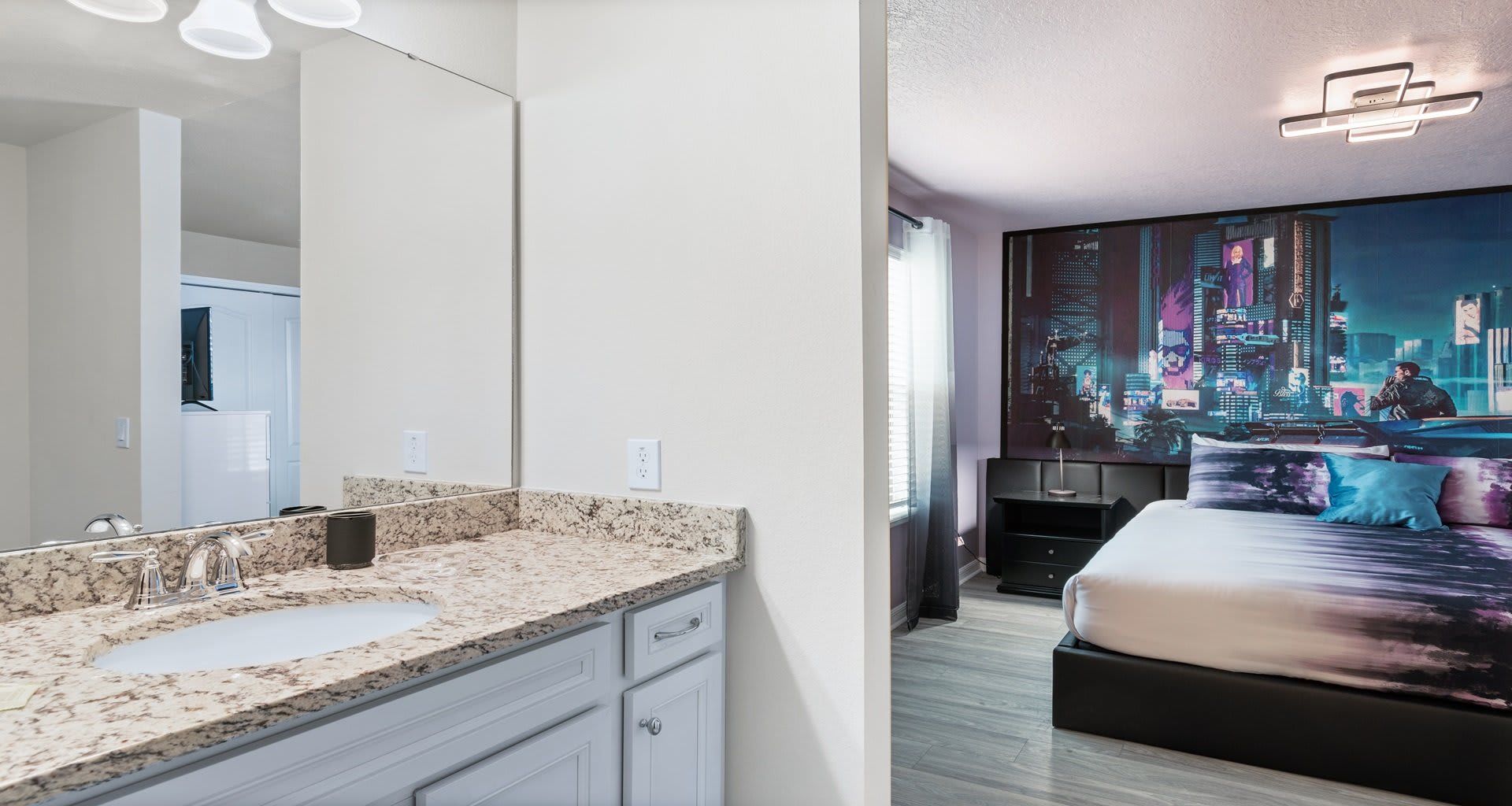 Futuristic cyberpunk bedroom with sleek decor, vibrant lighting, and modern comfort!