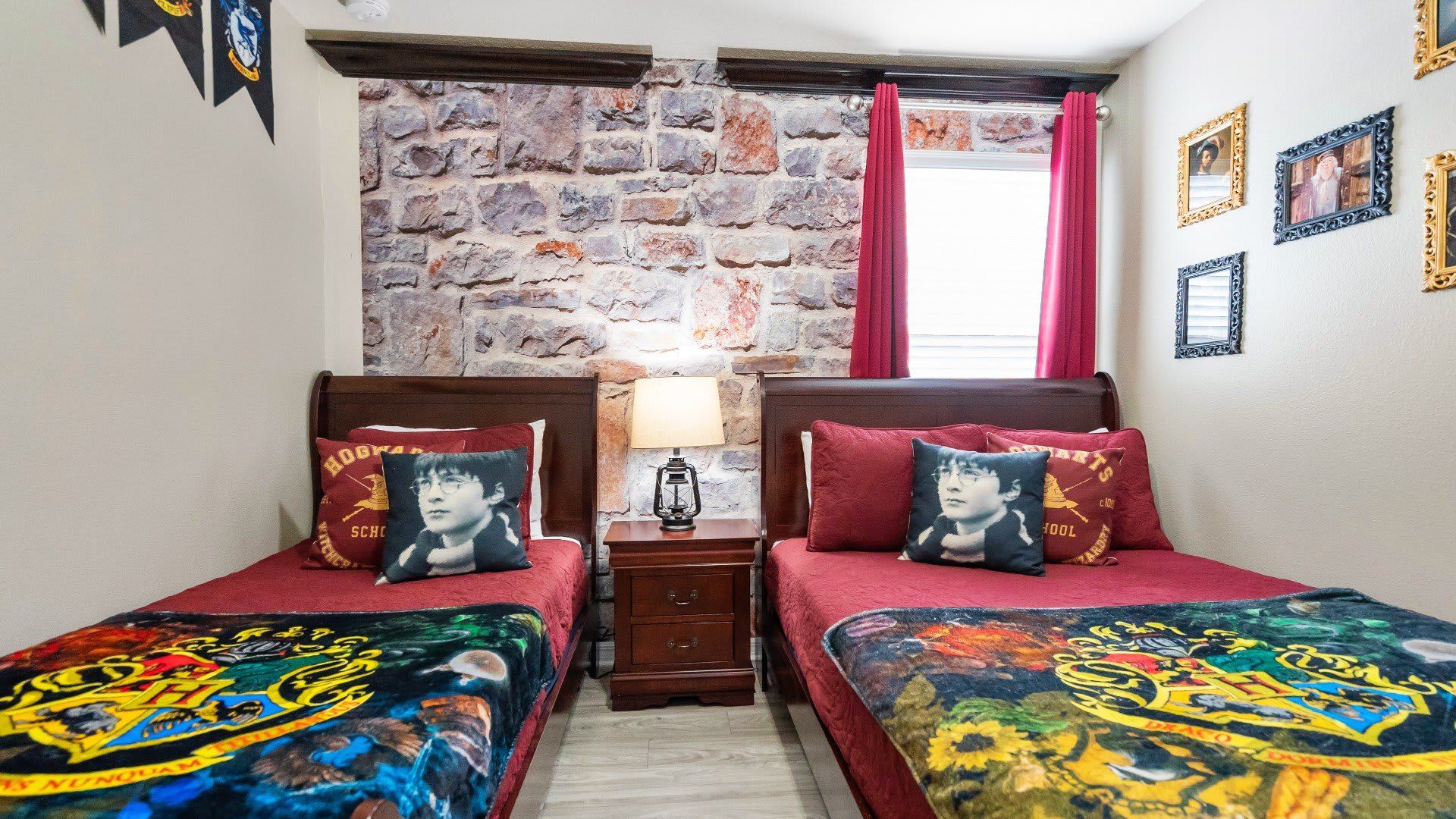Charming wizard-themed room with twin beds, castle-like decor, and magical touches!