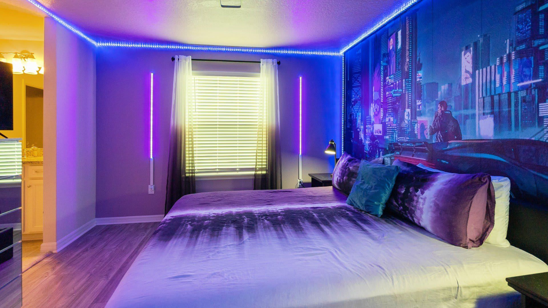 Futuristic cyberpunk-themed bedroom with LED lighting and a sleek, modern vibe!