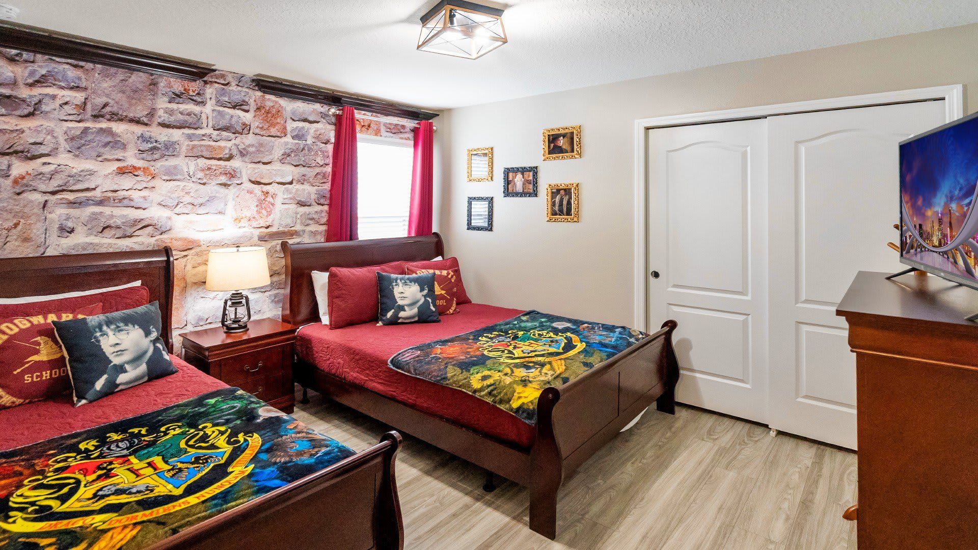 Magical wizard-themed bedroom with twin beds, castle vibes, and enchanting decor!