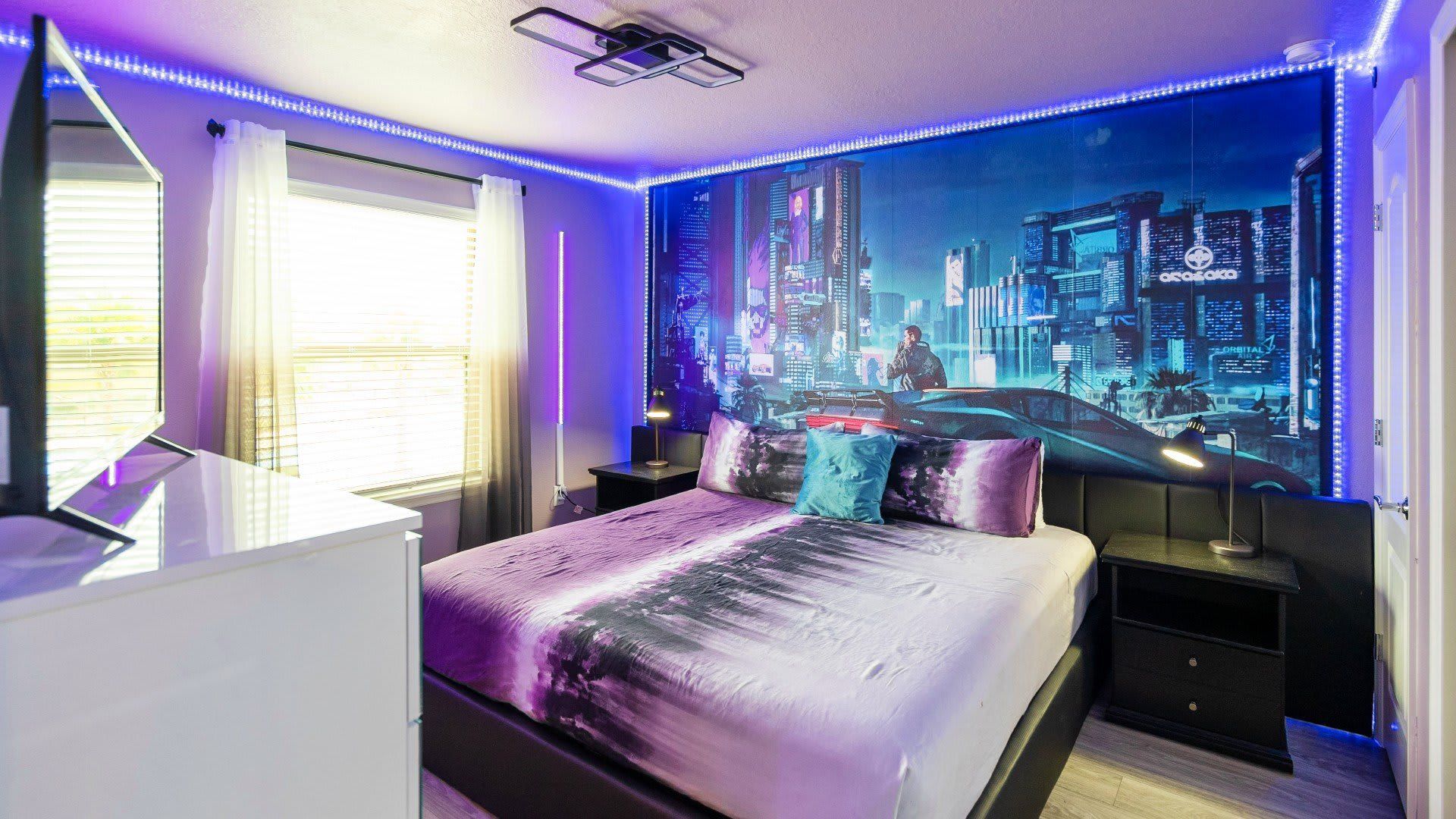 Cyberpunk themed room with immersive lights for a Night City experience
