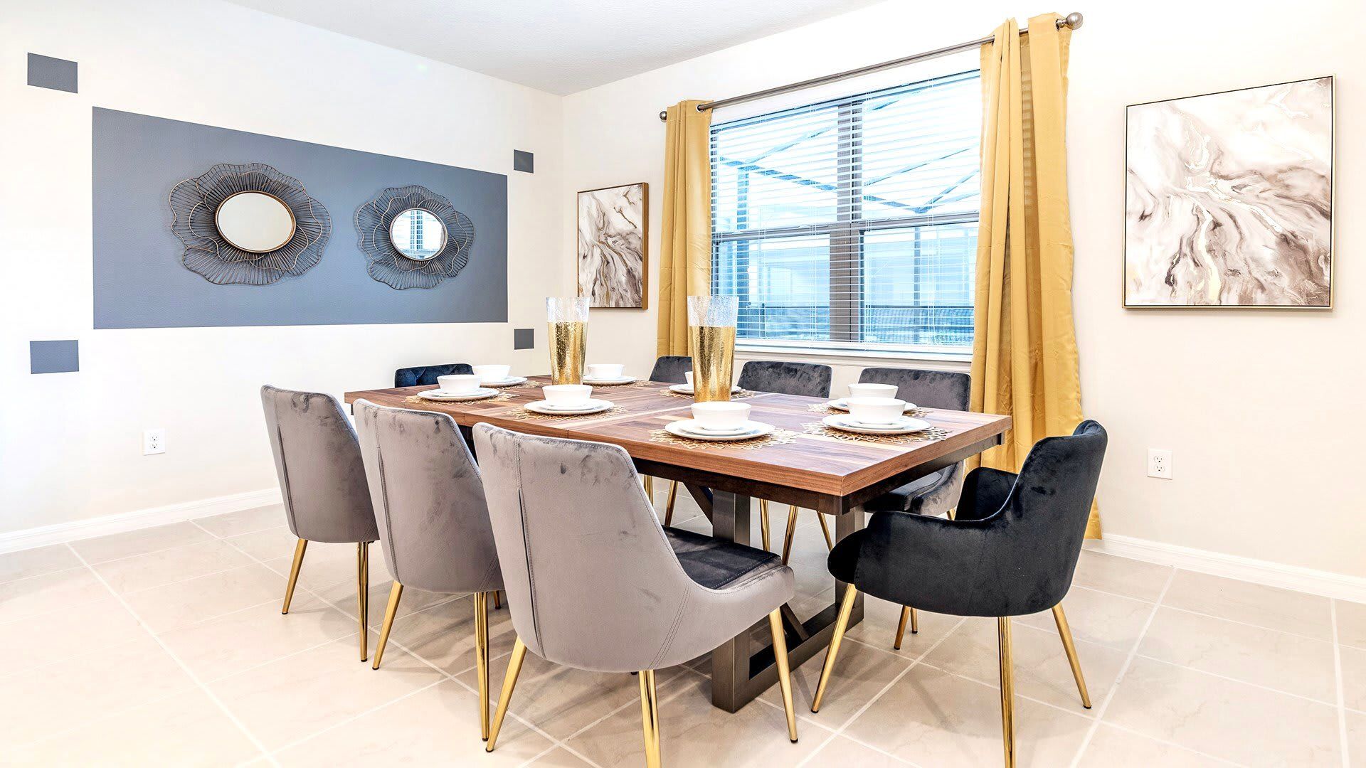 Dining Table: Spacious and inviting, the 8-seater table