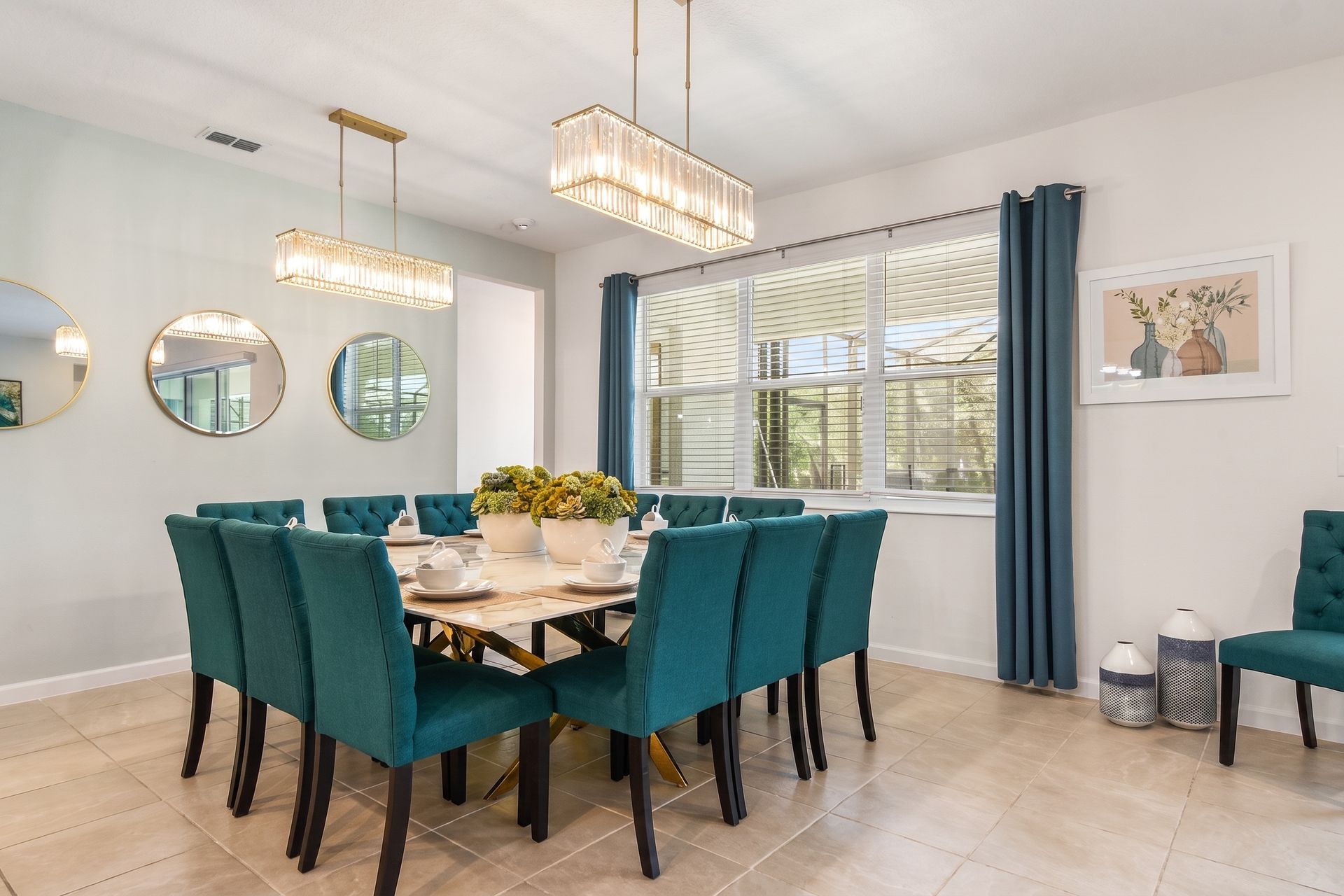 Elegant dining area with plush seating, modern lighting, and a stylish ambiance!