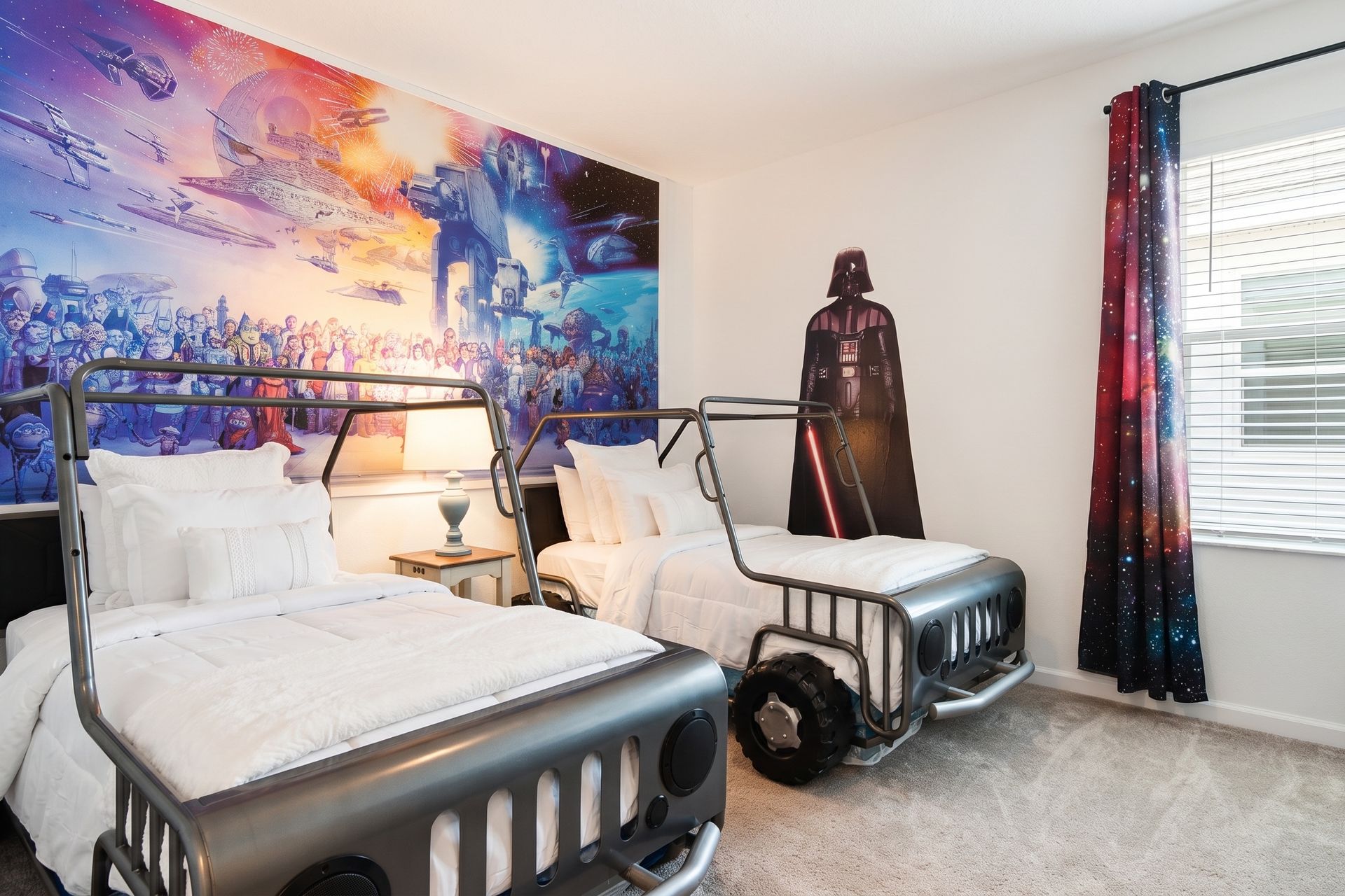 Epic Star Wars-themed bedroom with unique Jeep beds, galactic décor, and adventure!