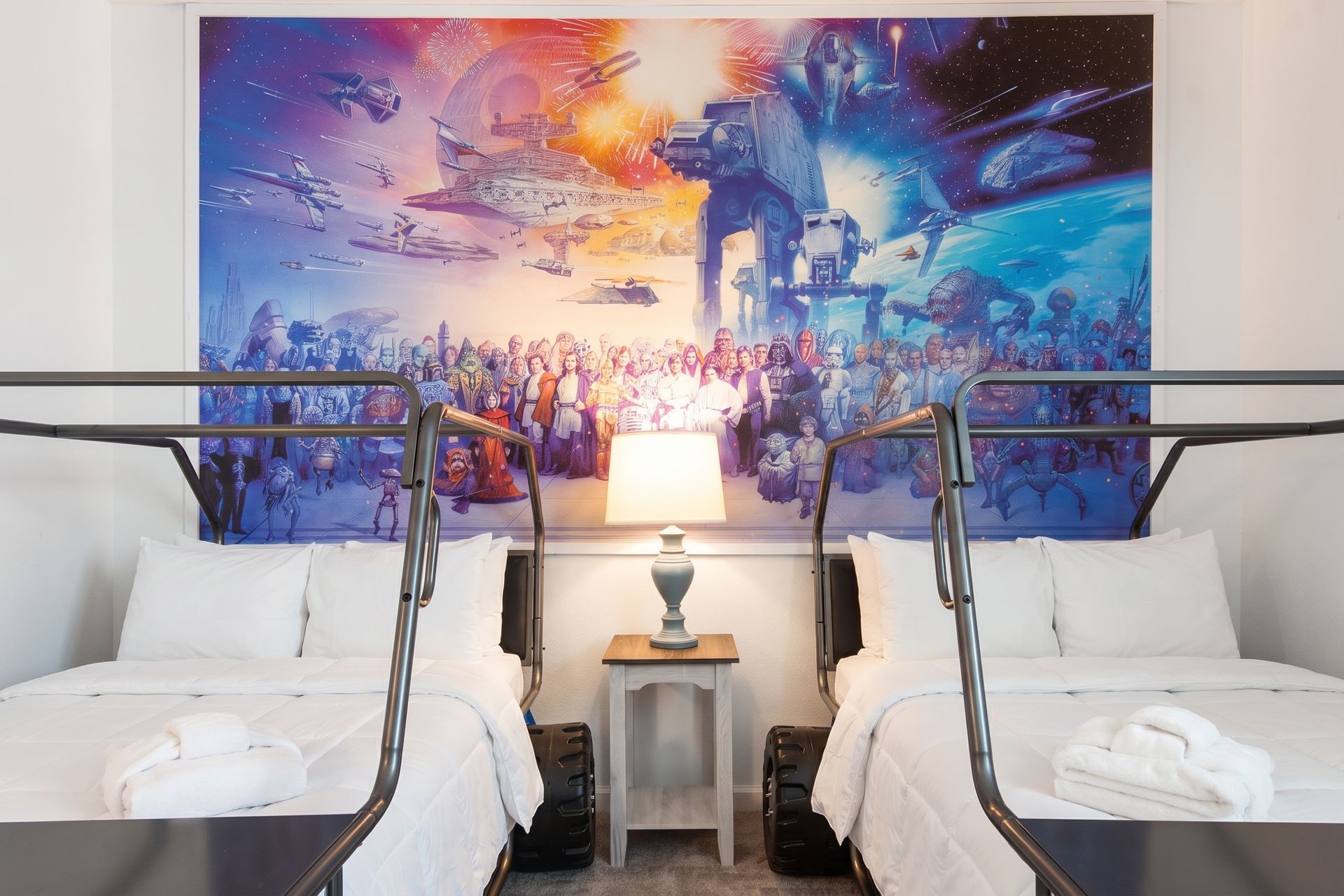 Epic galaxy-themed room with starfighter beds—perfect for young Jedi adventures!