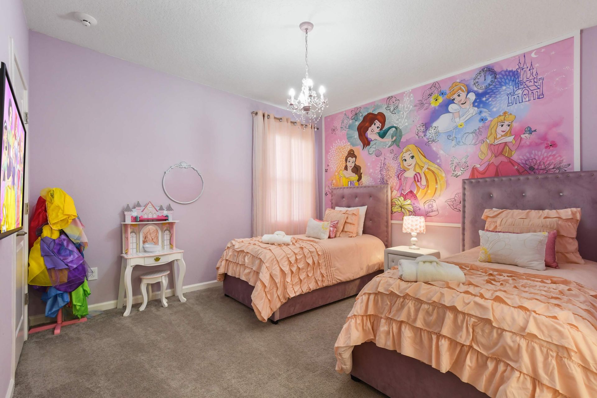 A dreamy princess-themed room fit for royalty—perfect for magical stays!