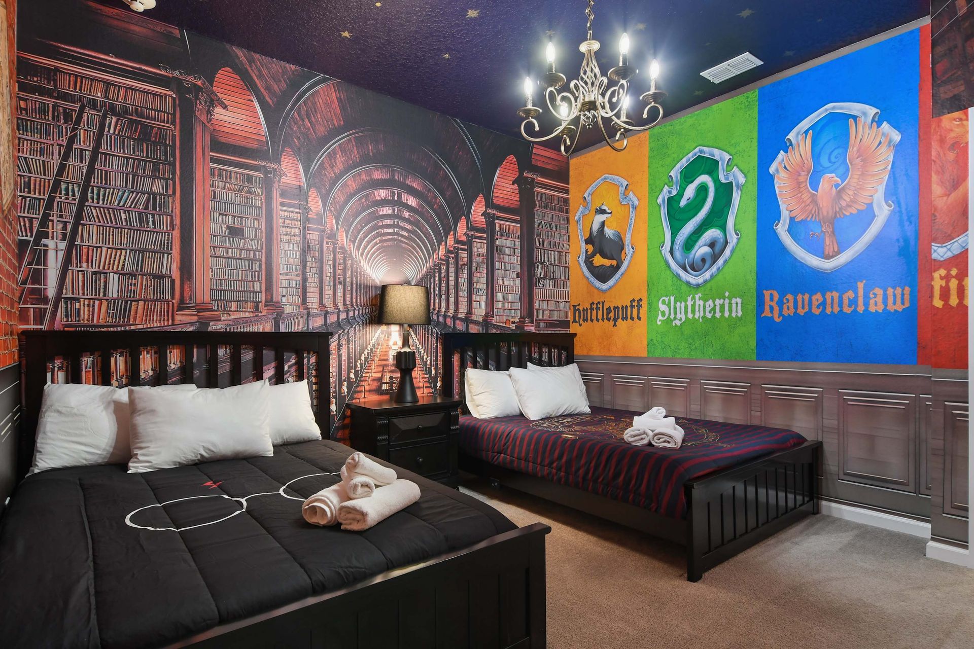 Wizard-themed bedroom with enchanted castle decor, magical murals, and cozy beds.