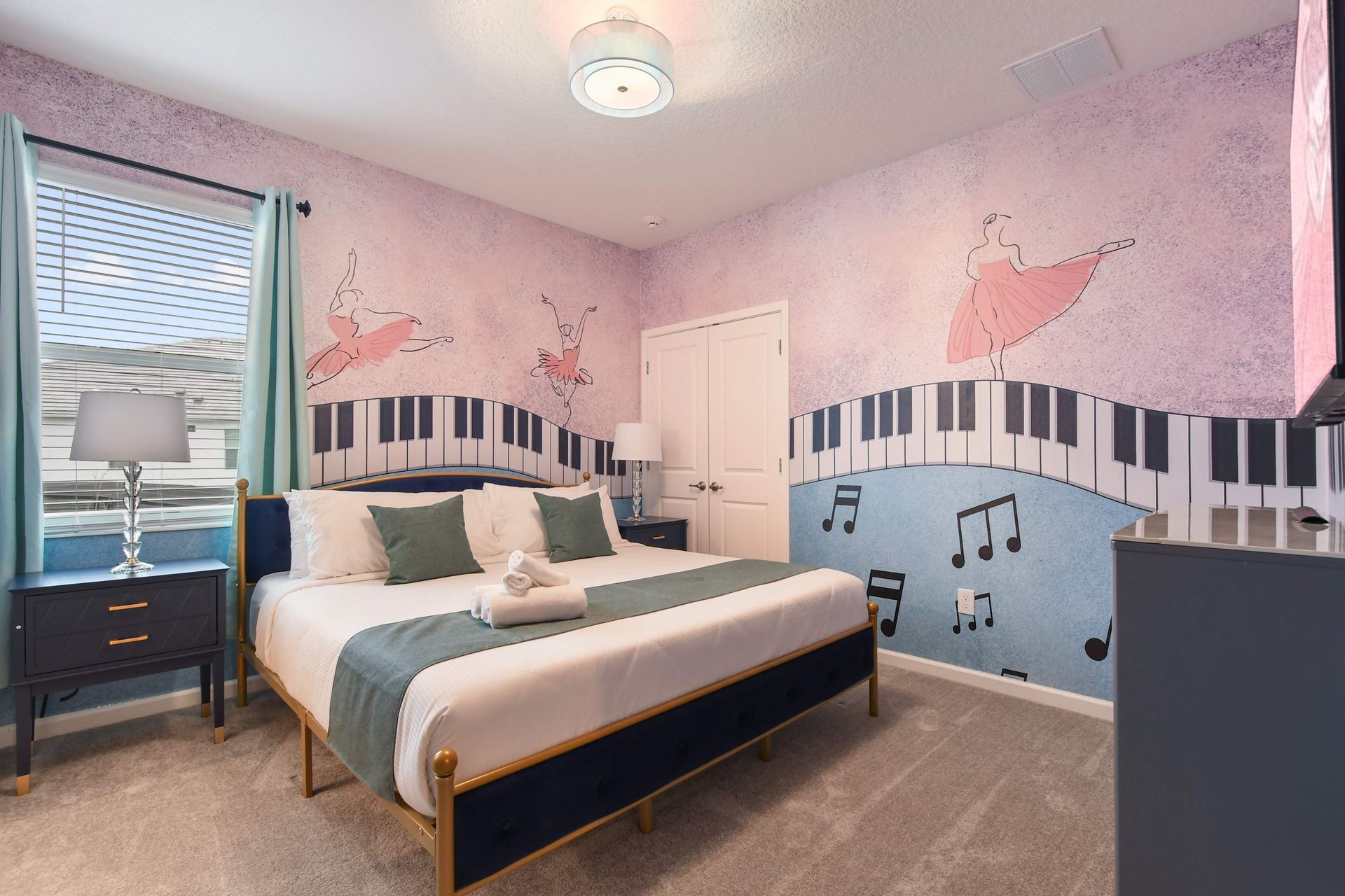 Elegant ballet-themed bedroom with musical murals, soft pastels, and a cozy ambiance.