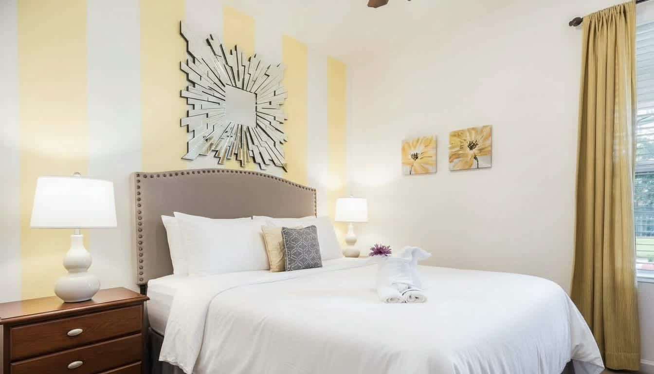 Bright and cheerful bedroom with a plush bed, stylish decor, and warm, inviting tones.