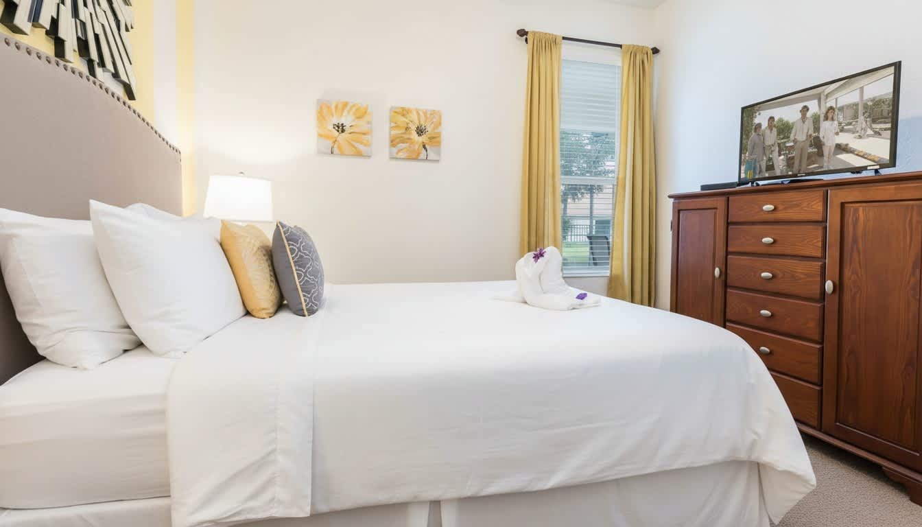 Sunny and stylish bedroom with a cozy bed, warm decor, and a TV for relaxation.