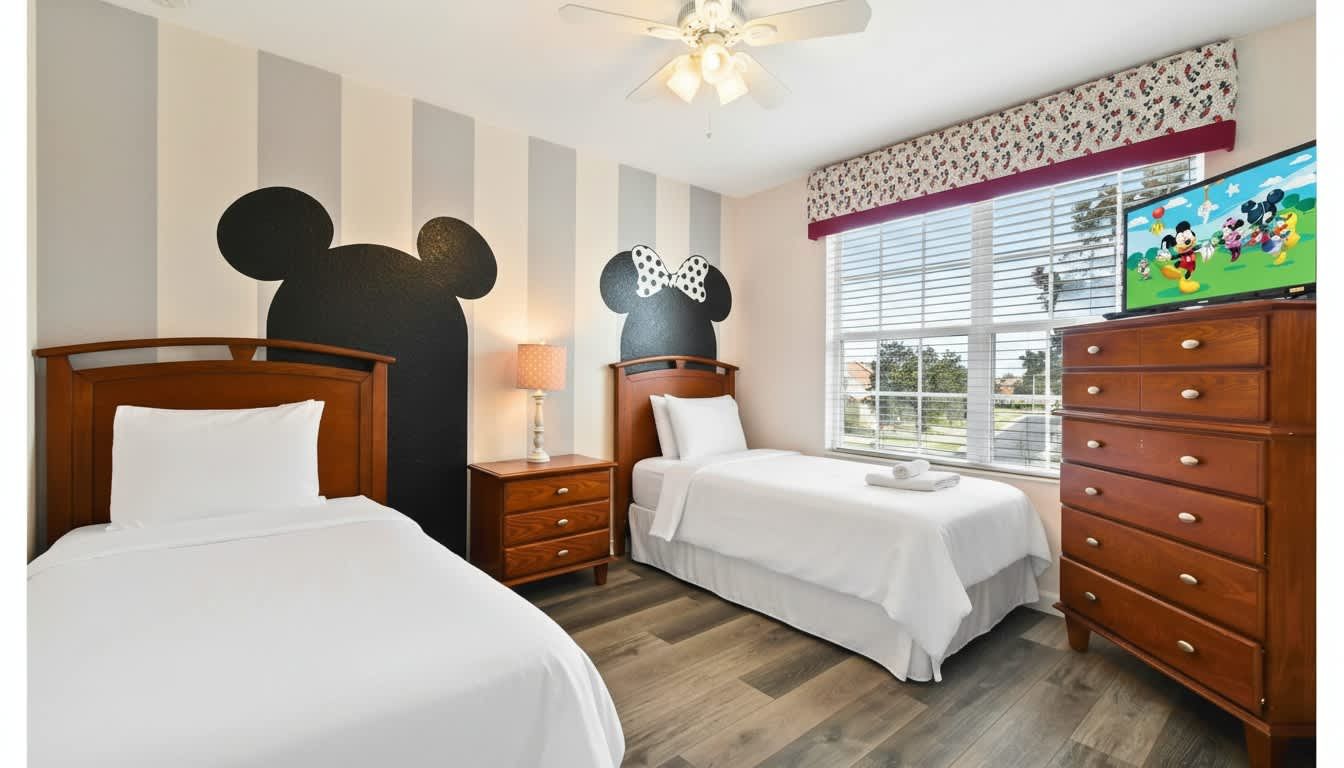 Whimsical Mickey and Minnie-themed bedroom with cozy twin beds and fun decor.