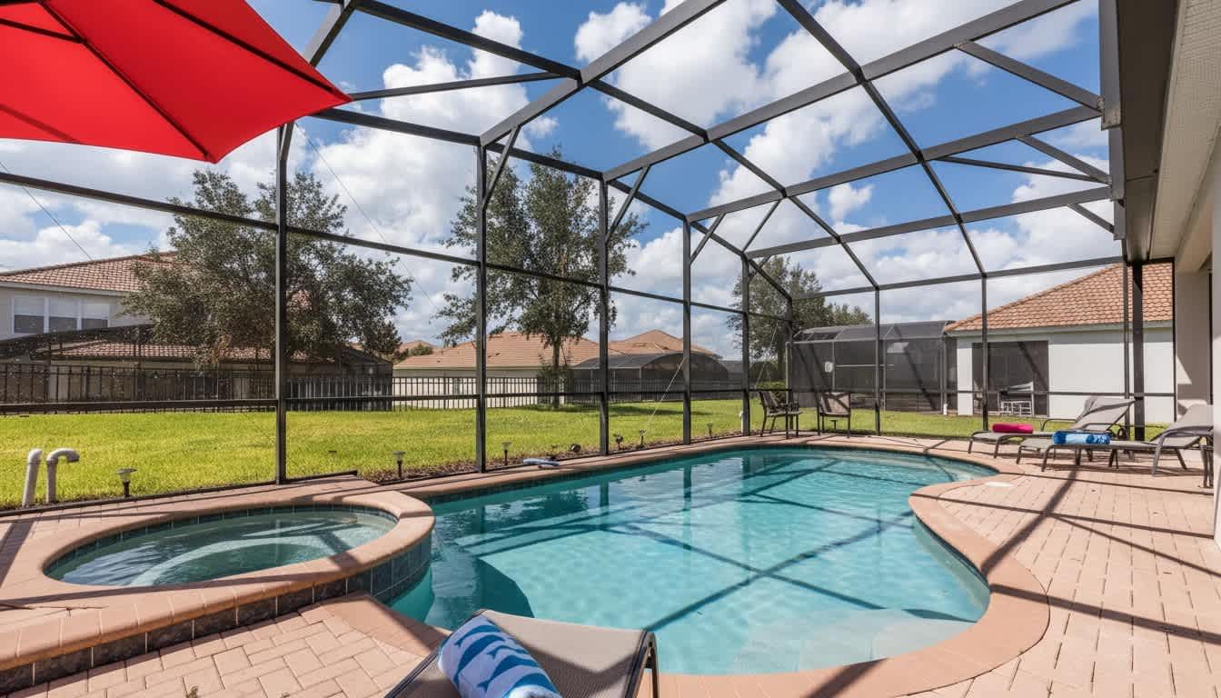 Relax in this screened private pool and spa, perfect for a sunny getaw