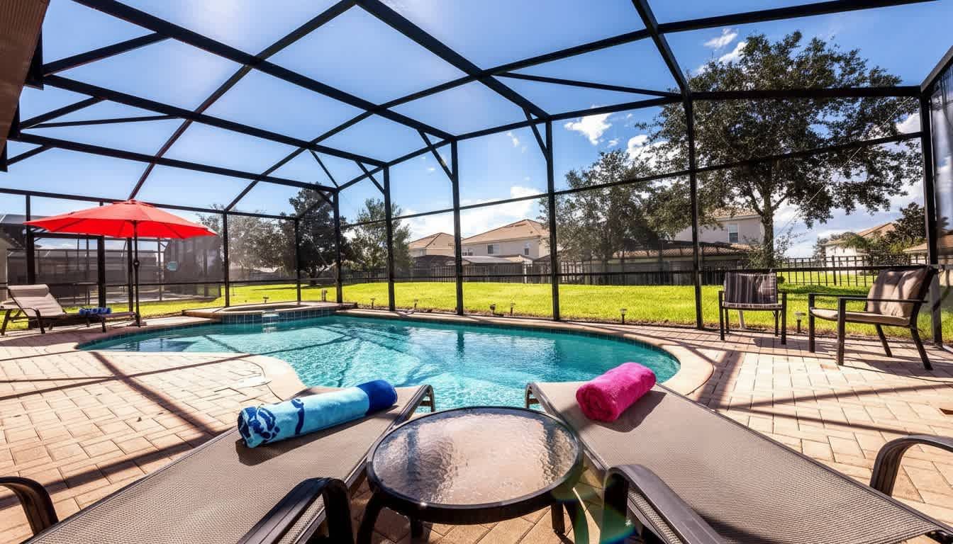 Relaxing screened-in pool area with lounge chairs, sunny views, and total privacy.