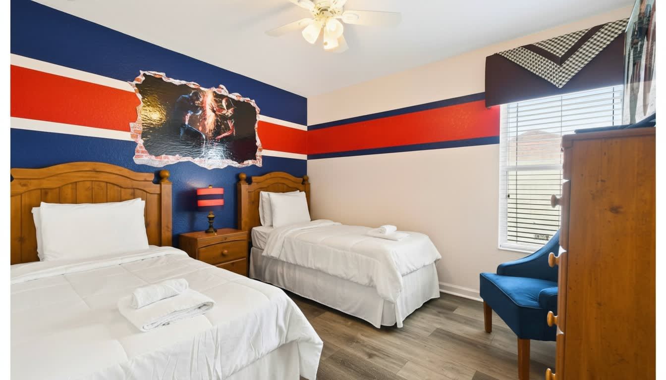 Fun and vibrant twin bedroom with bold decor, cozy beds, and an exciting theme.