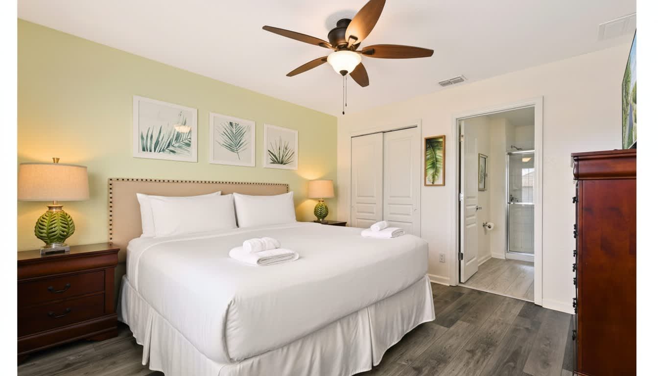 Serene bedroom with a plush king bed, elegant decor, and a private en-suite bath.