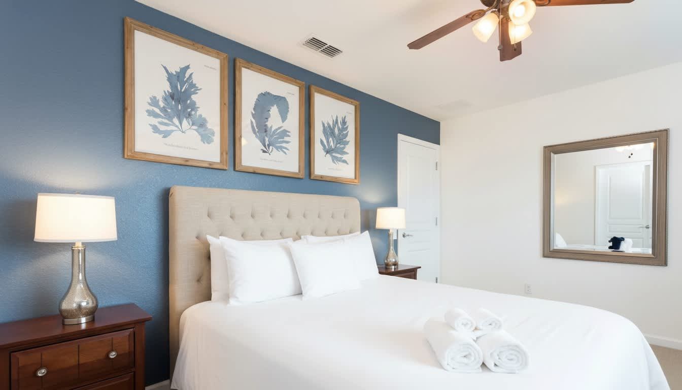Elegant coastal-themed bedroom with a plush bed, calming blue tones, and stylish decor.