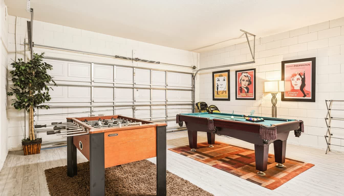 Stylish game room with a pool table, foosball, and classic movie-themed decor.n