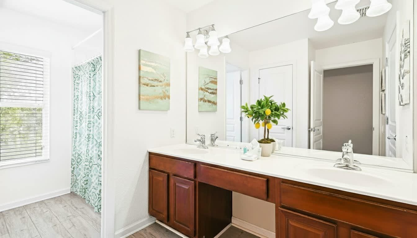 Bright and stylish bathroom with a dual vanity, elegant decor, and plenty of natural light.