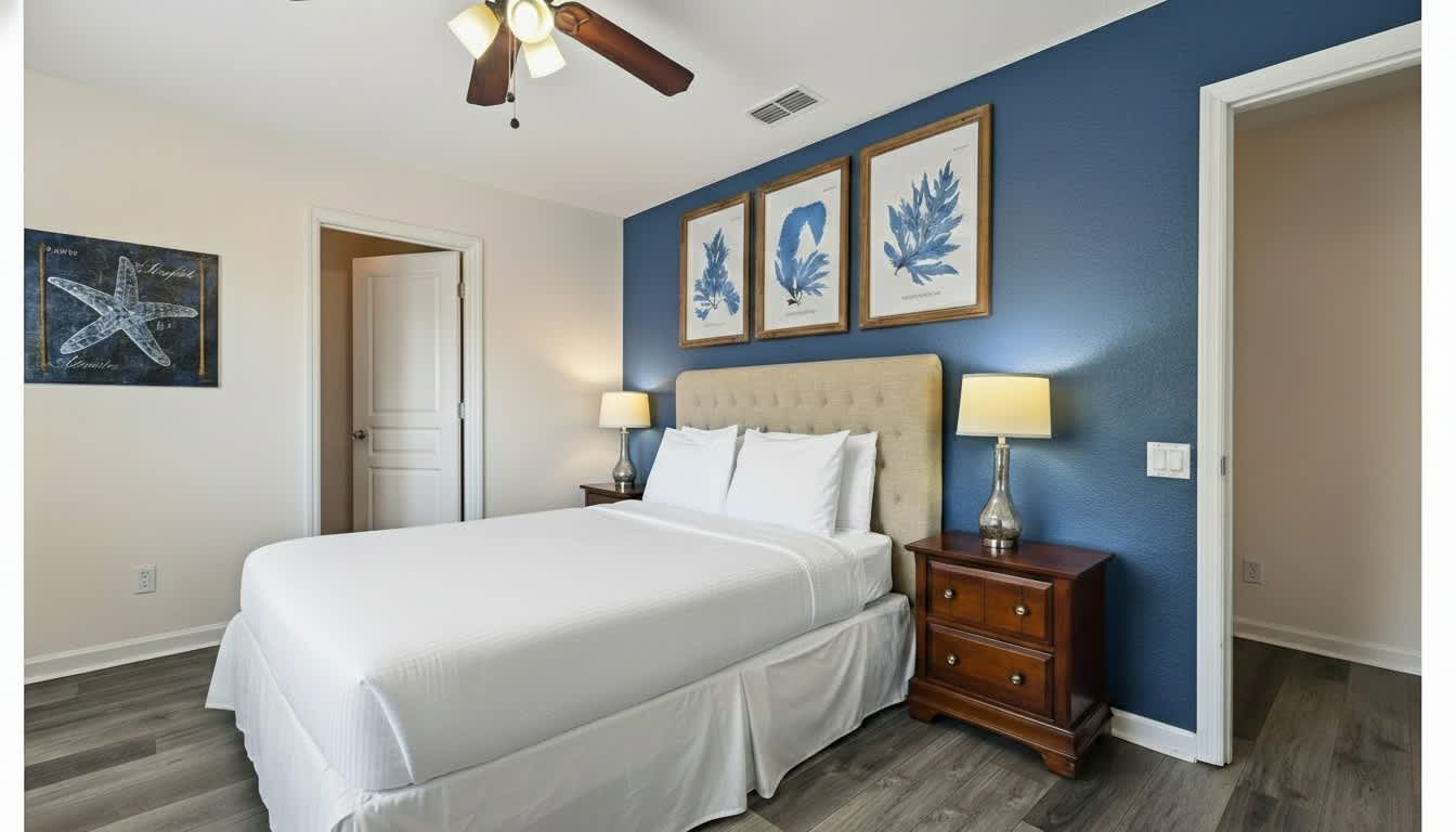 Coastal-inspired bedroom with a plush bed, elegant decor, and a serene atmosphere.