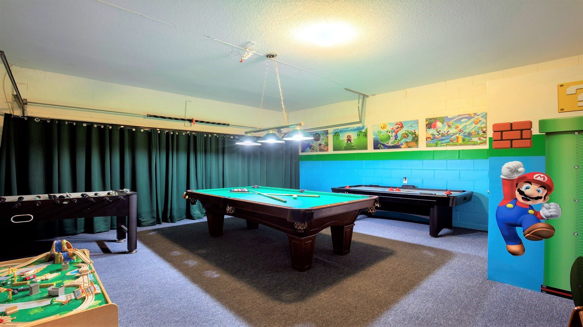 The game room is stylishly furnished with Super Mario theme