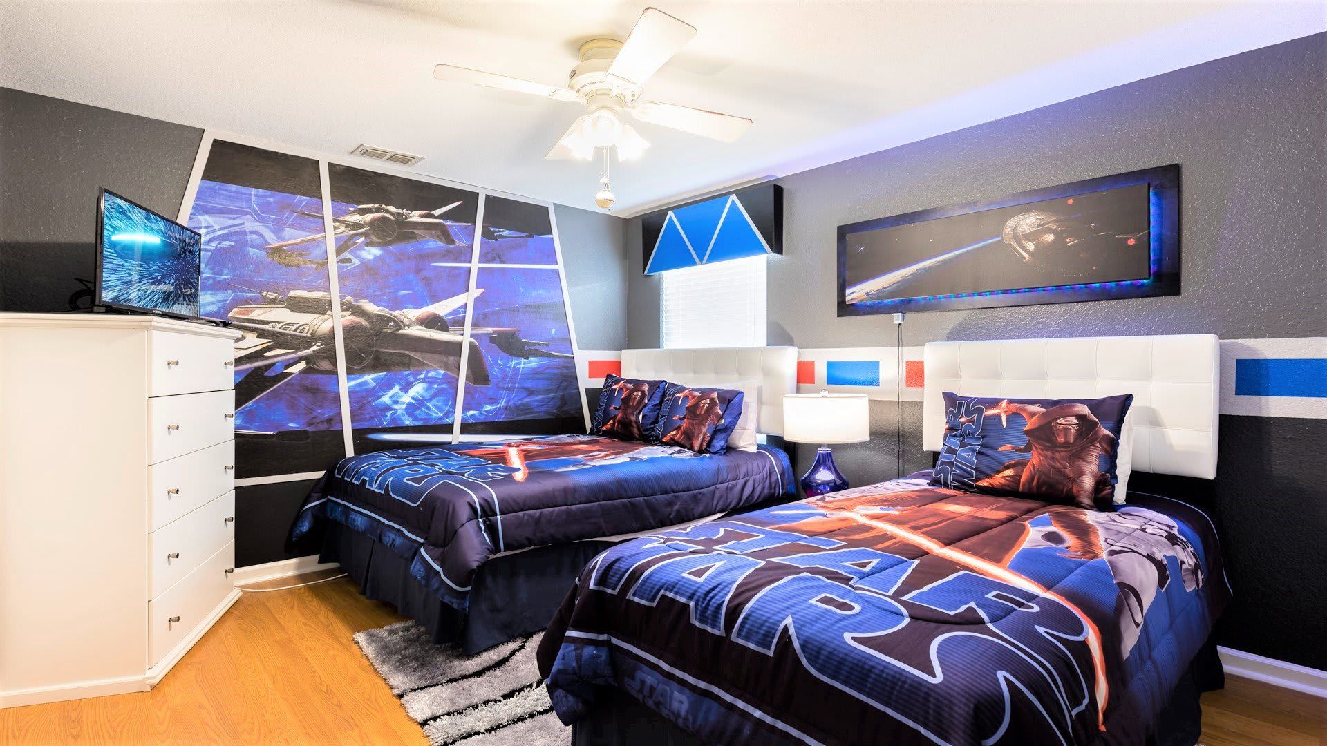 Kids will love the upstairs bedroom with a Star War theme and cool lights