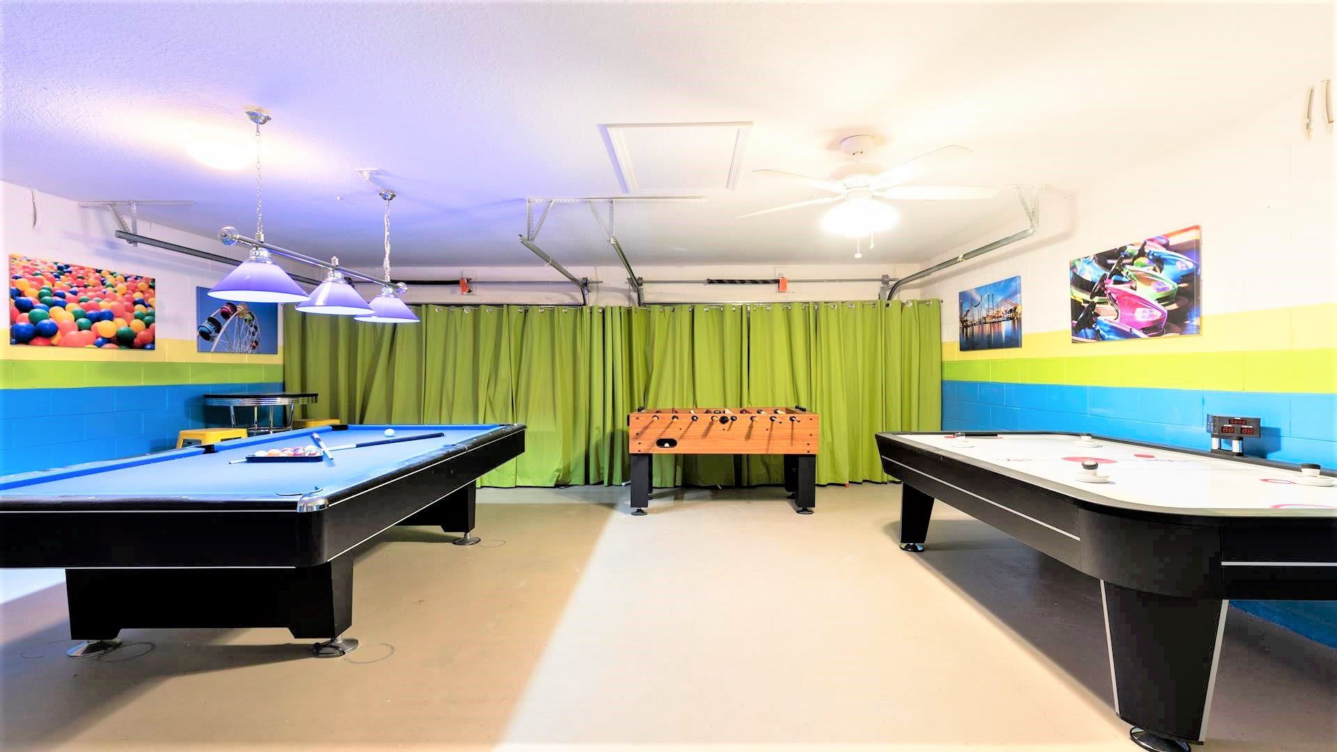 The game room is stylishly furnished with cool lights