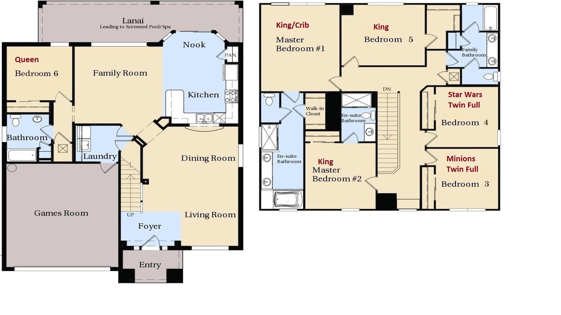 Spacious 6BR villa with themed kids' rooms, game room, and screened pool/spa.