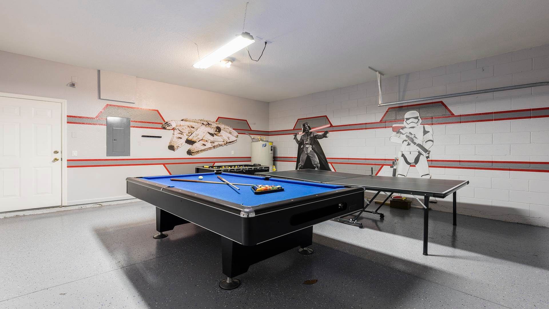 The game room is stylishly furnished with Star Wars theme