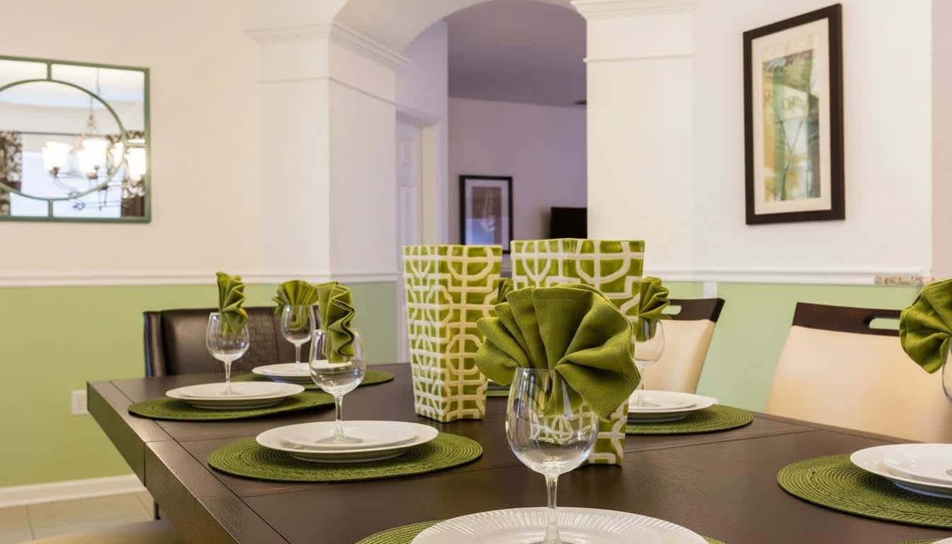 Elegant dining space with stylish décor, set for a perfect meal with family or friends.