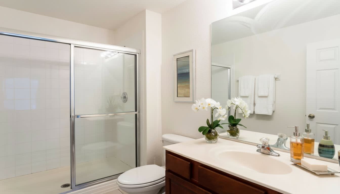 Modern and fresh bathroom with a glass-enclosed shower, stylish decor, and soft linens.