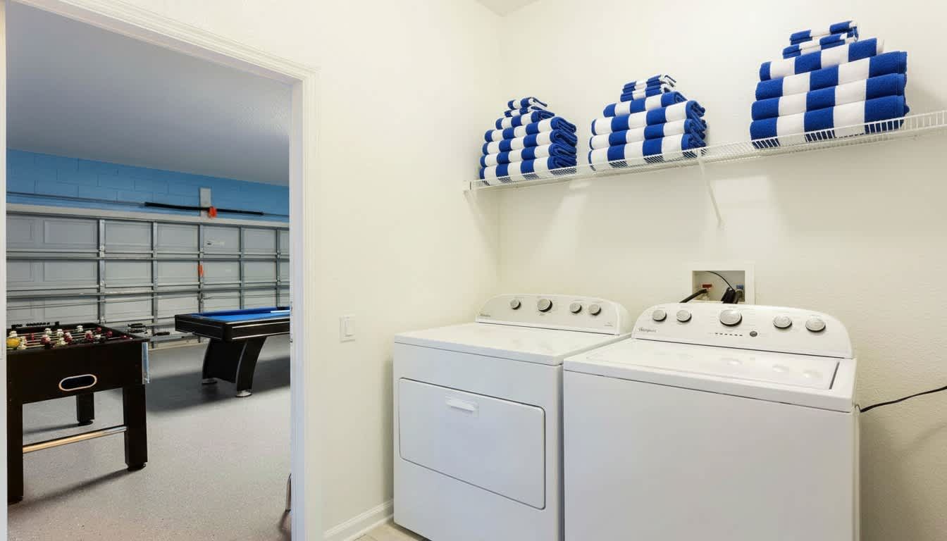 Convenient in-home laundry room with washer and dryer for a hassle-free stay.