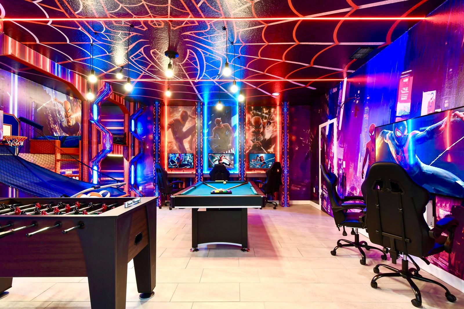 Ultimate Spider-Man-themed game room with arcade, pool, gaming stations, and more.