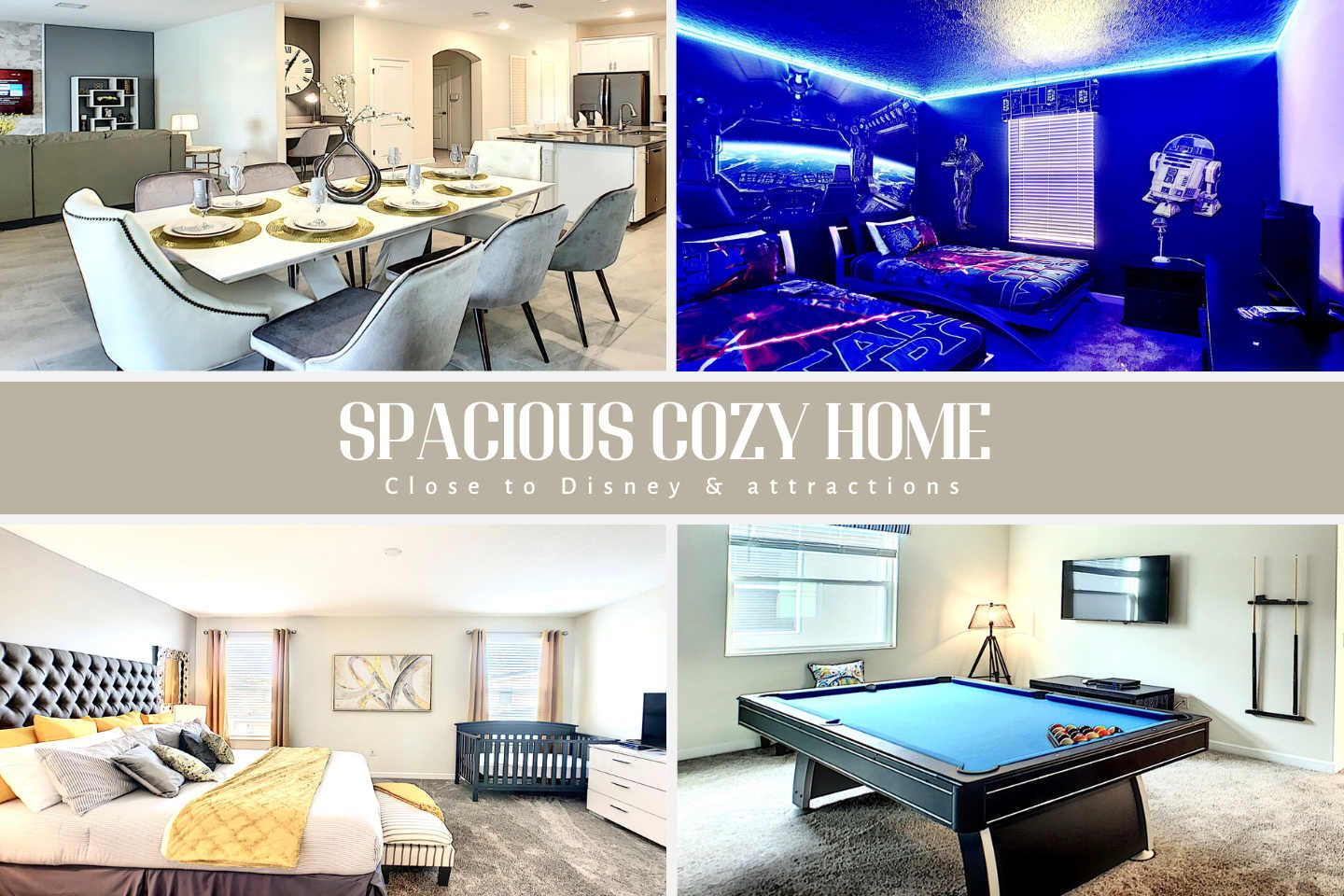 This home features a game room, a pool table, a Star Wars room, and a comfy modern dining.