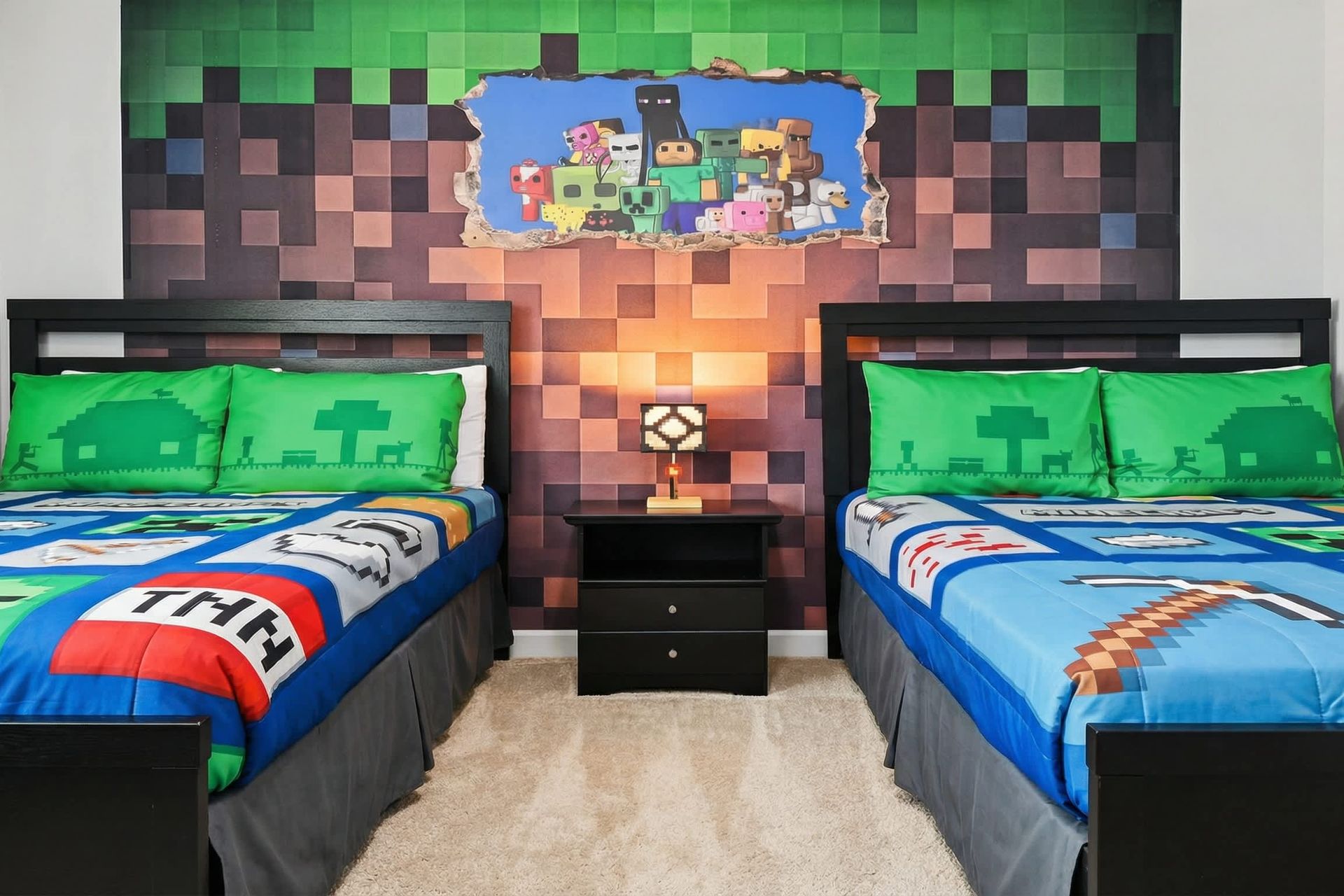 Immerse yourself in a Minecraft-themed bedroom, where pixelated decor and vibrant colors transform the space into a playful and creative haven.