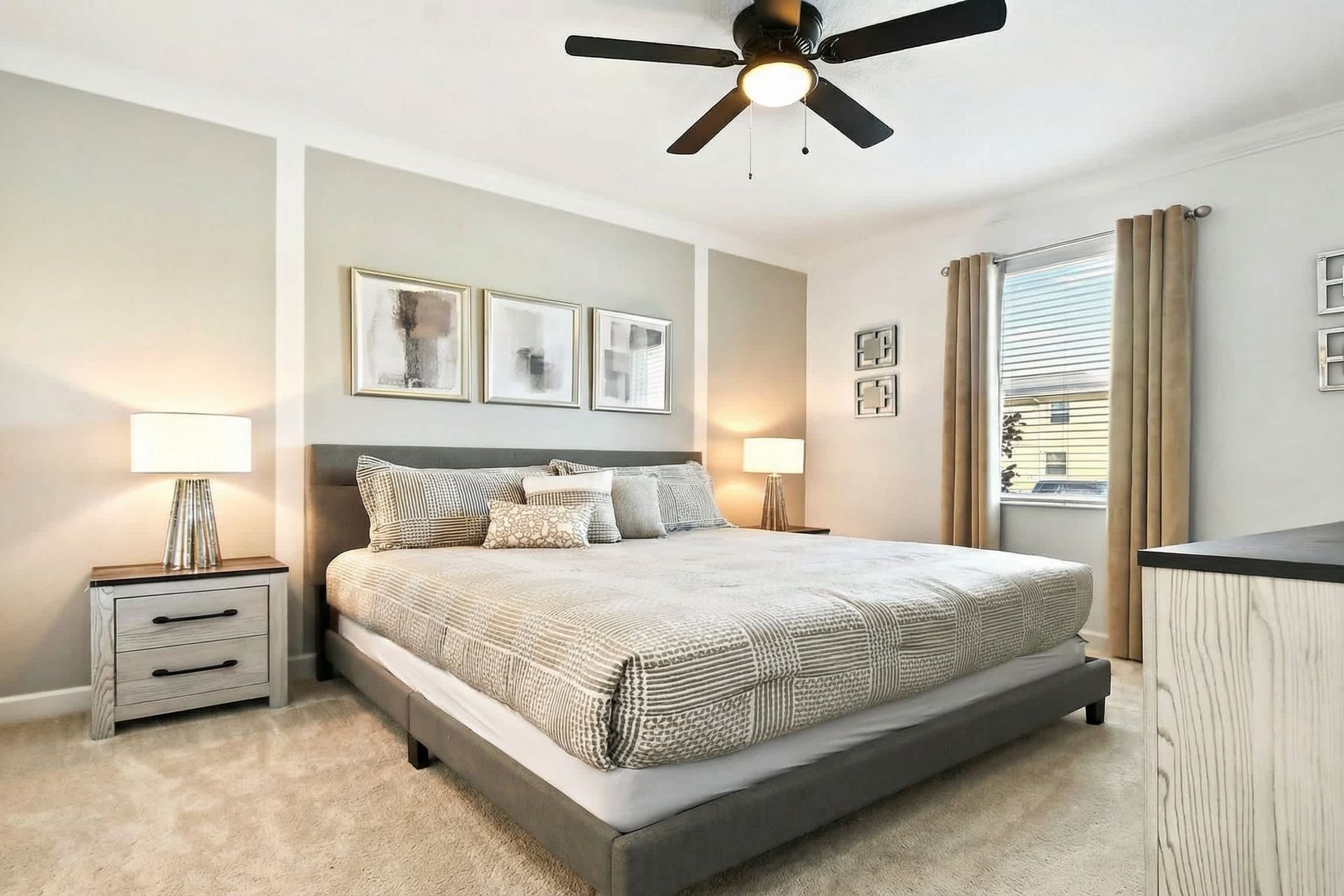 The roomy second-level bedroom is equipped with a Smart TV, combining ample space with modern entertainment for a comfortable.