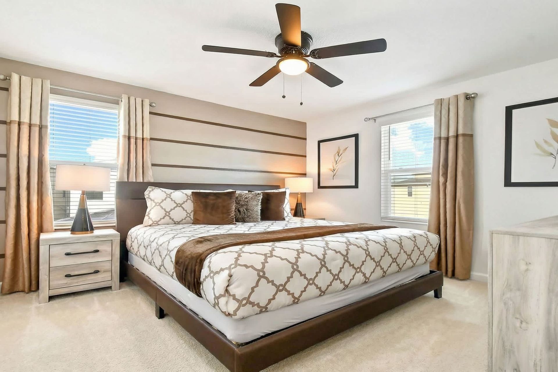 Inviting king-sized bedroom designed for coziness, offering a warm and comfortable.