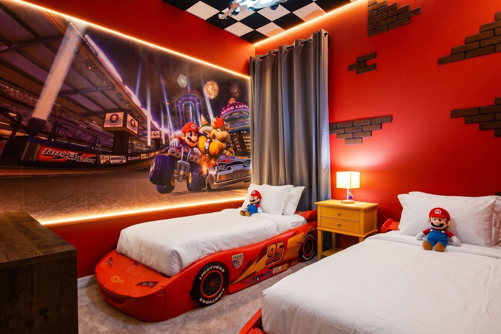 Racing-themed kids' room with car beds, LED lights, and game decor—fun at full speed!