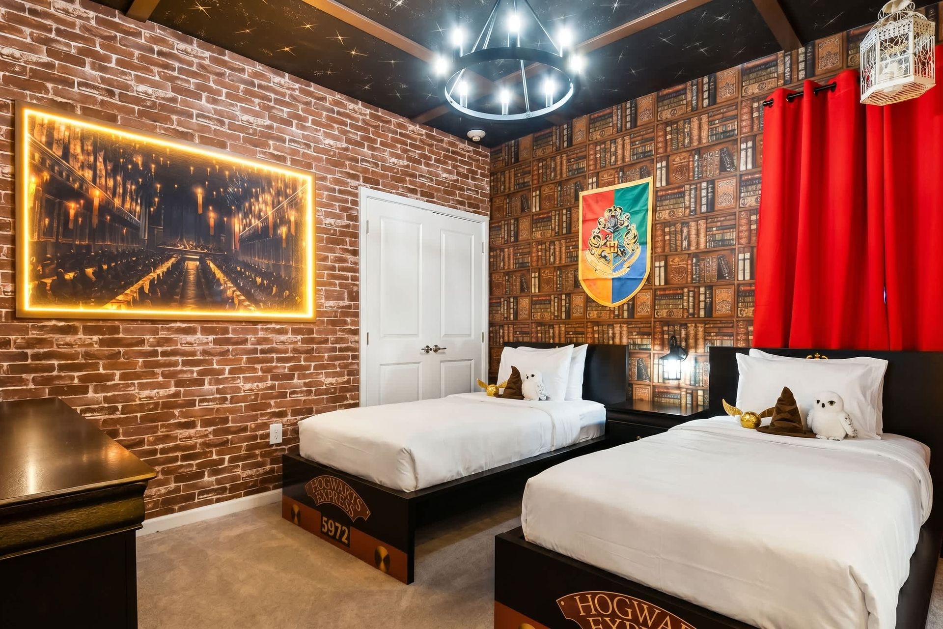 Wizard-themed bedroom with brick walls, spellbinding decor, and cozy beds—magical stay
