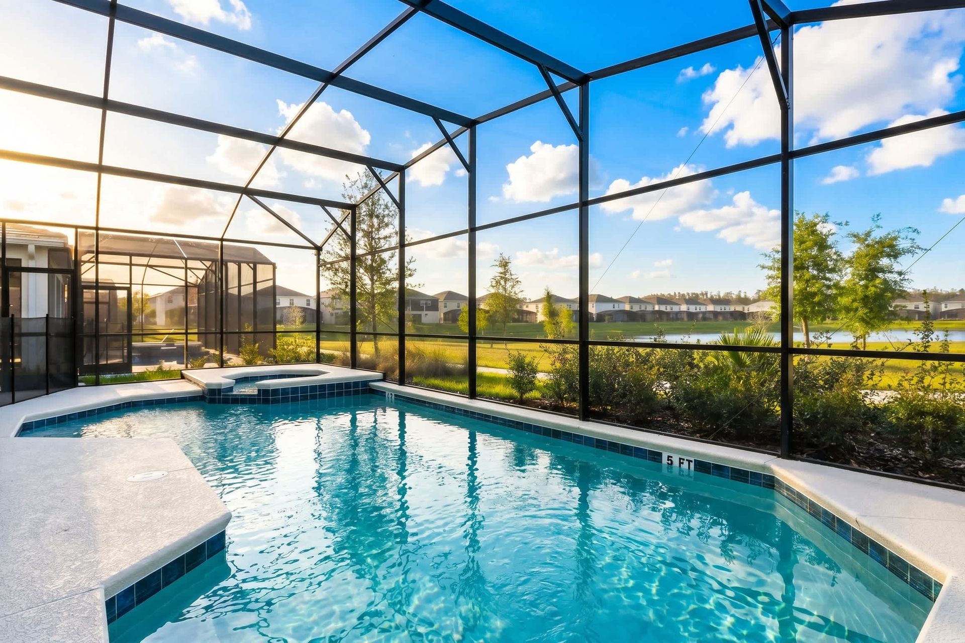 Screened-in pool with spa overlooking a serene lake and lush greenery.