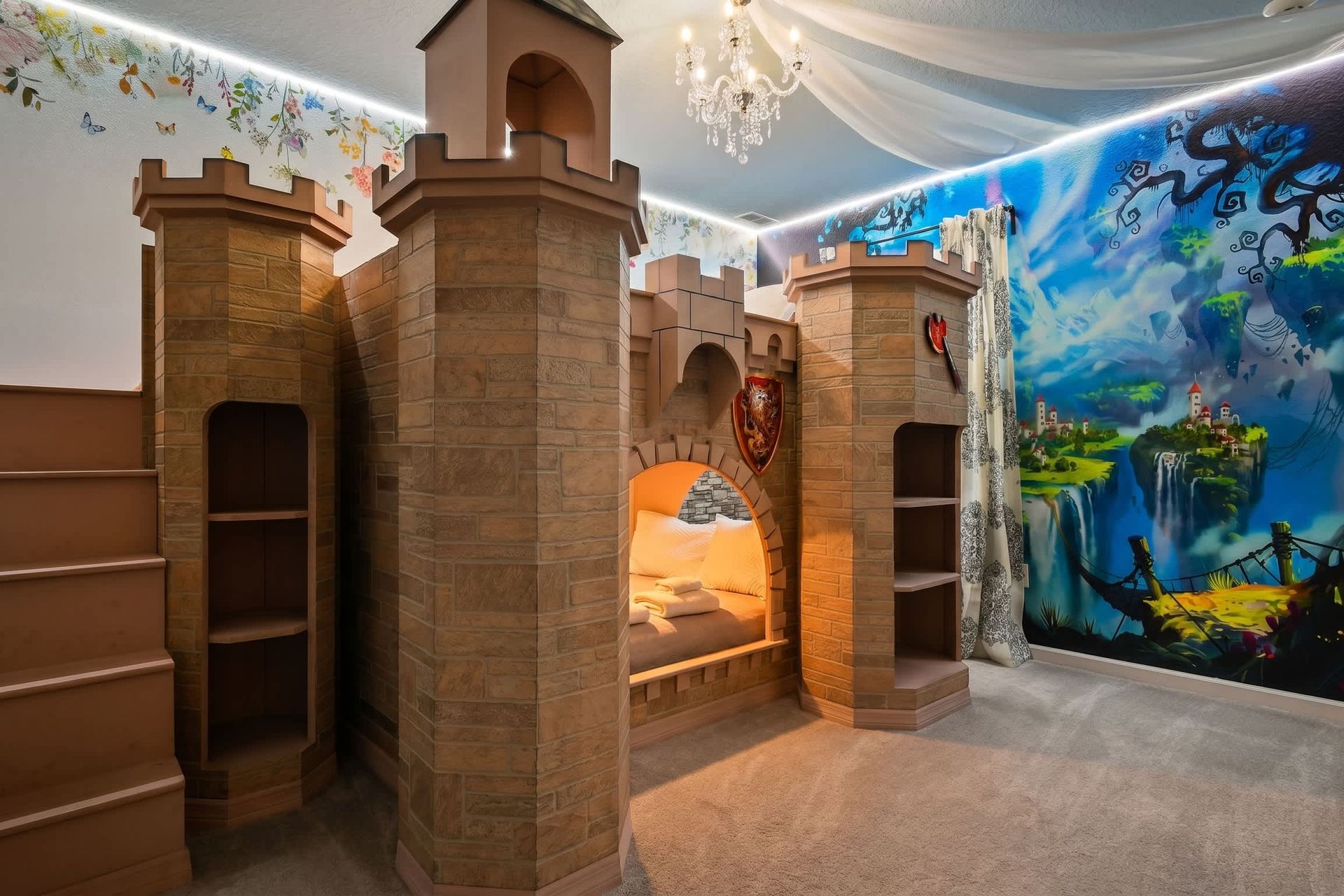 Enchanting castle-themed room with mural, perfect for a magical family escape!