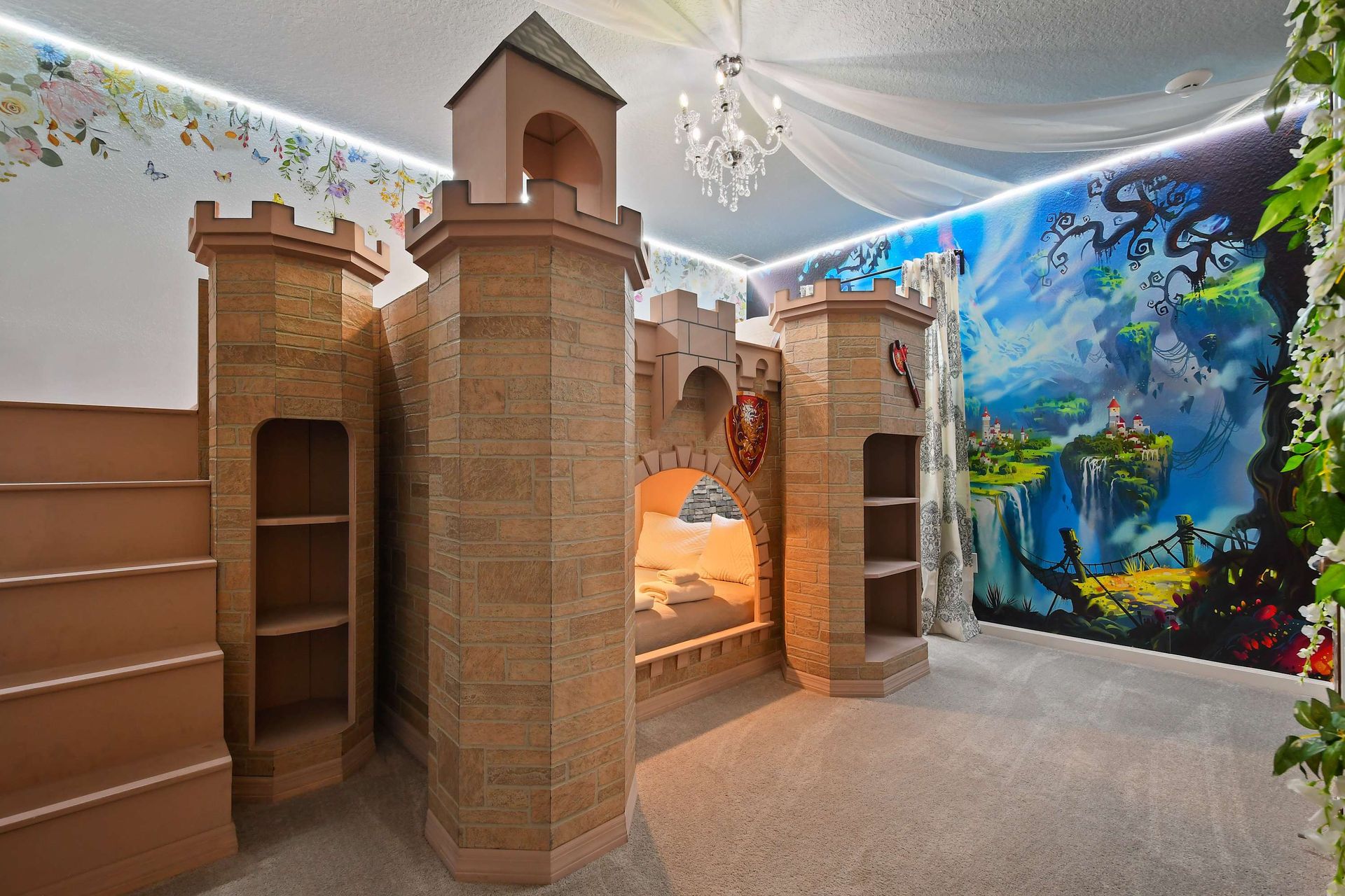Enchanting castle-themed room with mural, perfect for a magical family escape!