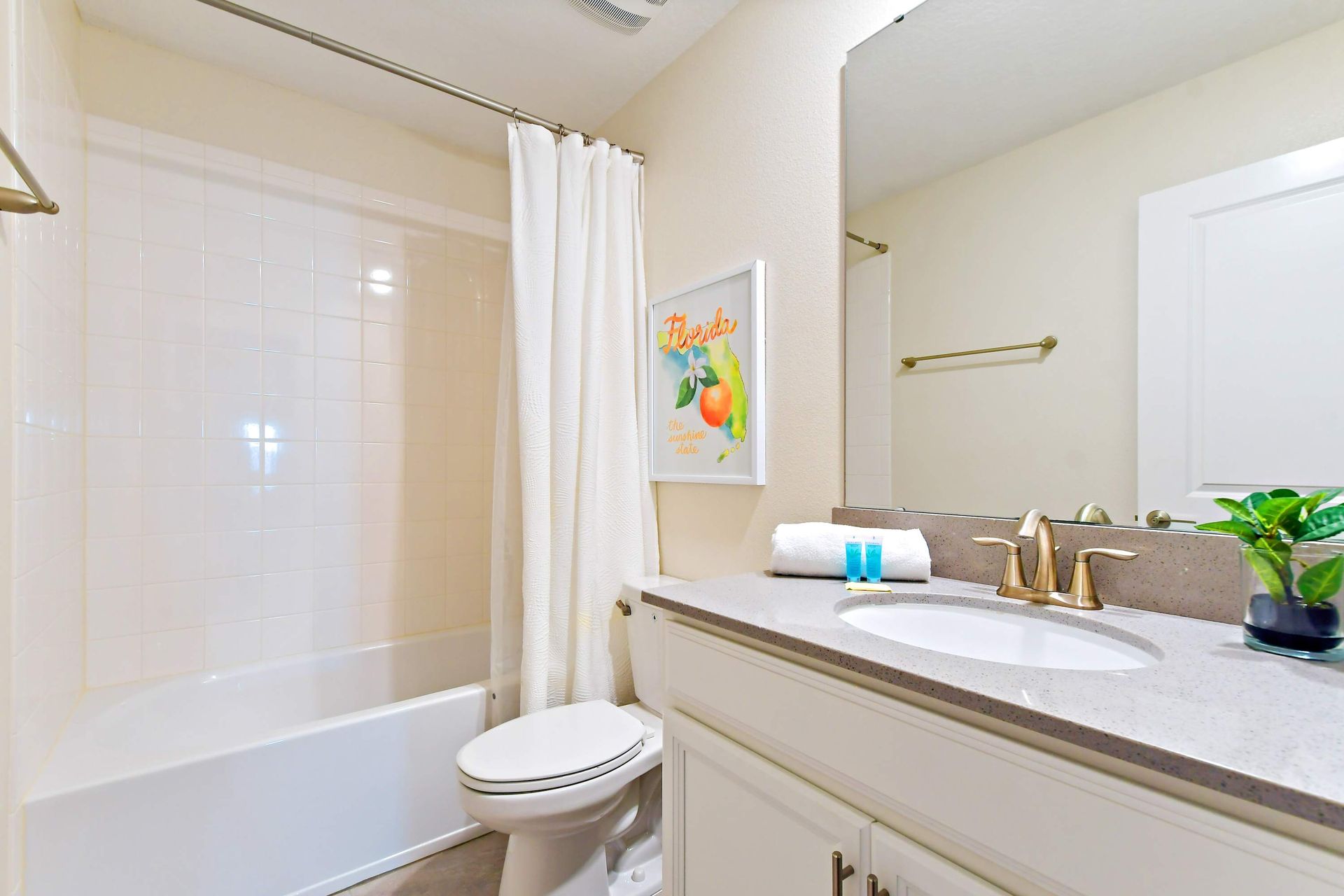 Bright and stylish bathroom with a sleek vanity, tub-shower combo, and modern decor