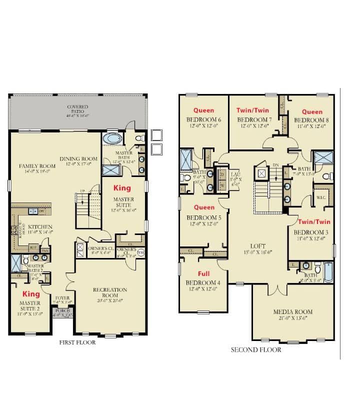 This floor plan showcases a spacious two-story home with eight bedrooms and a media room, perfect for large groups or families.