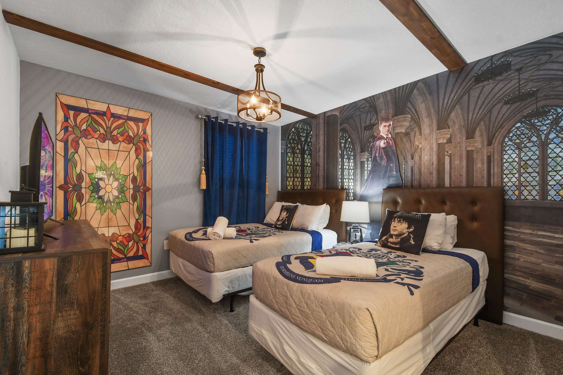 Magical themed bedroom with twin beds, enchanted decor, and a cozy, immersive vibe.