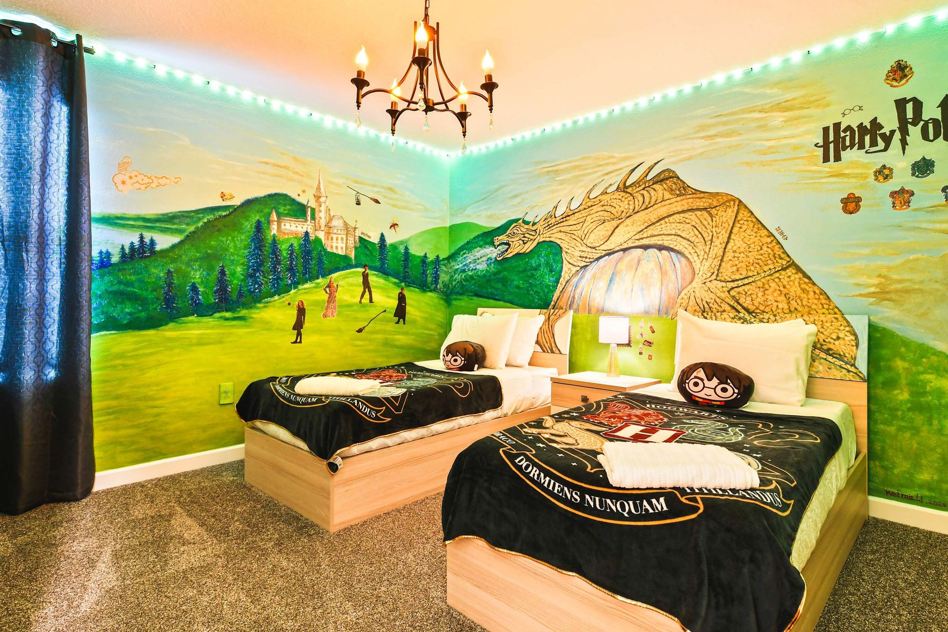 Enchanting Harry Potter-themed room with magical murals, cozy beds, and warm lighting.