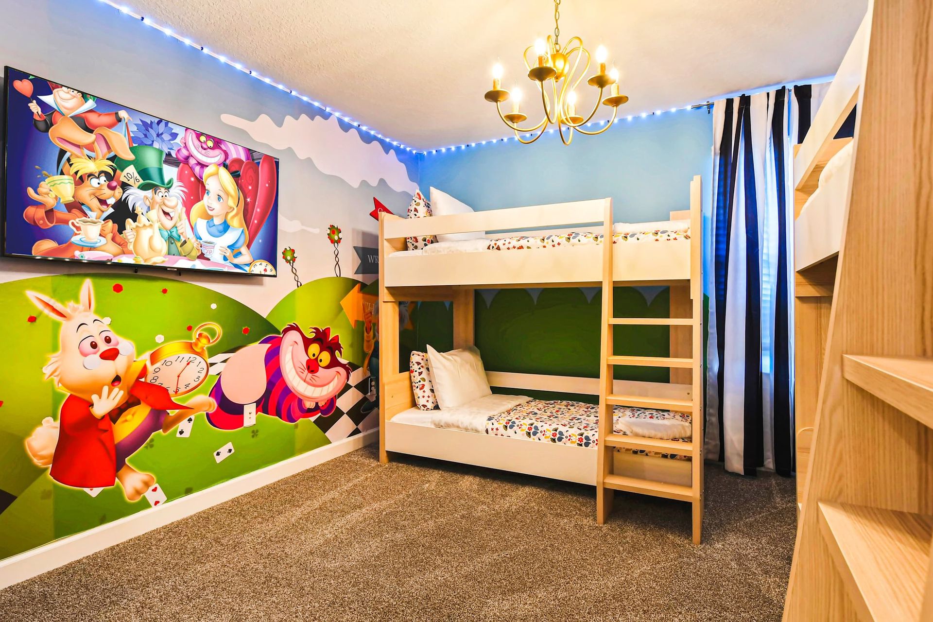 Whimsical themed bunk room with playful decor, cozy bedding, and fun lighting.