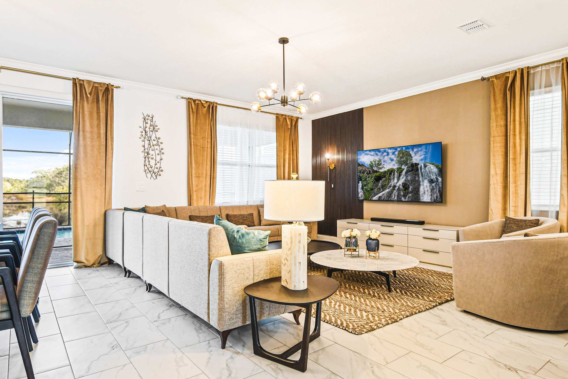 Kick back and relax in our spacious living room, where you can unwind with your favorite book or movie.