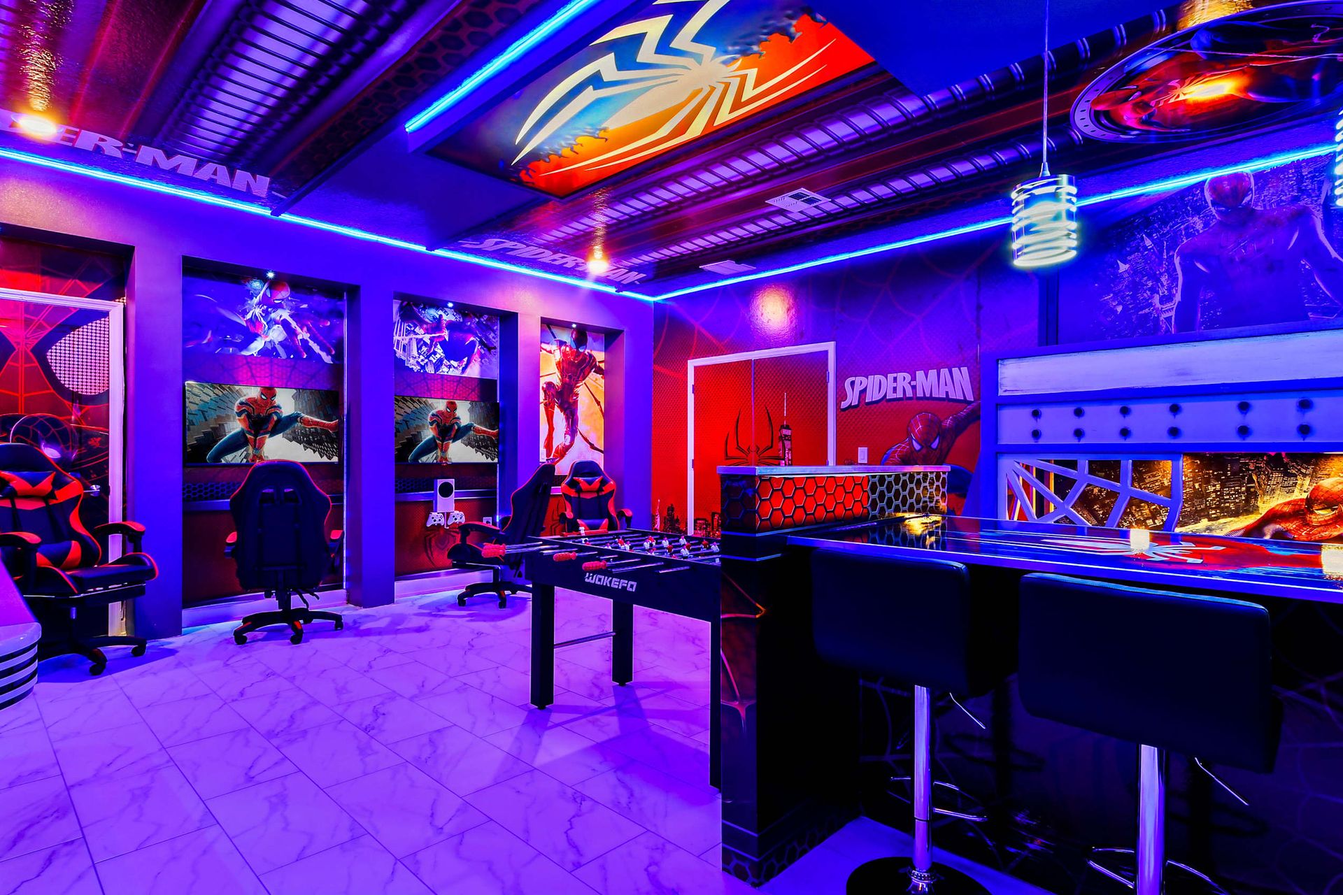 The game room is stylishly furnished with Spider-Man theme with cool lights