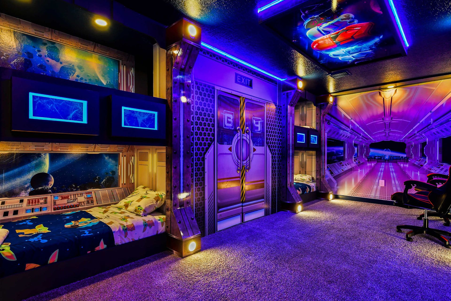 Kids will love the upstairs bedroom with a cool Star Wars theme